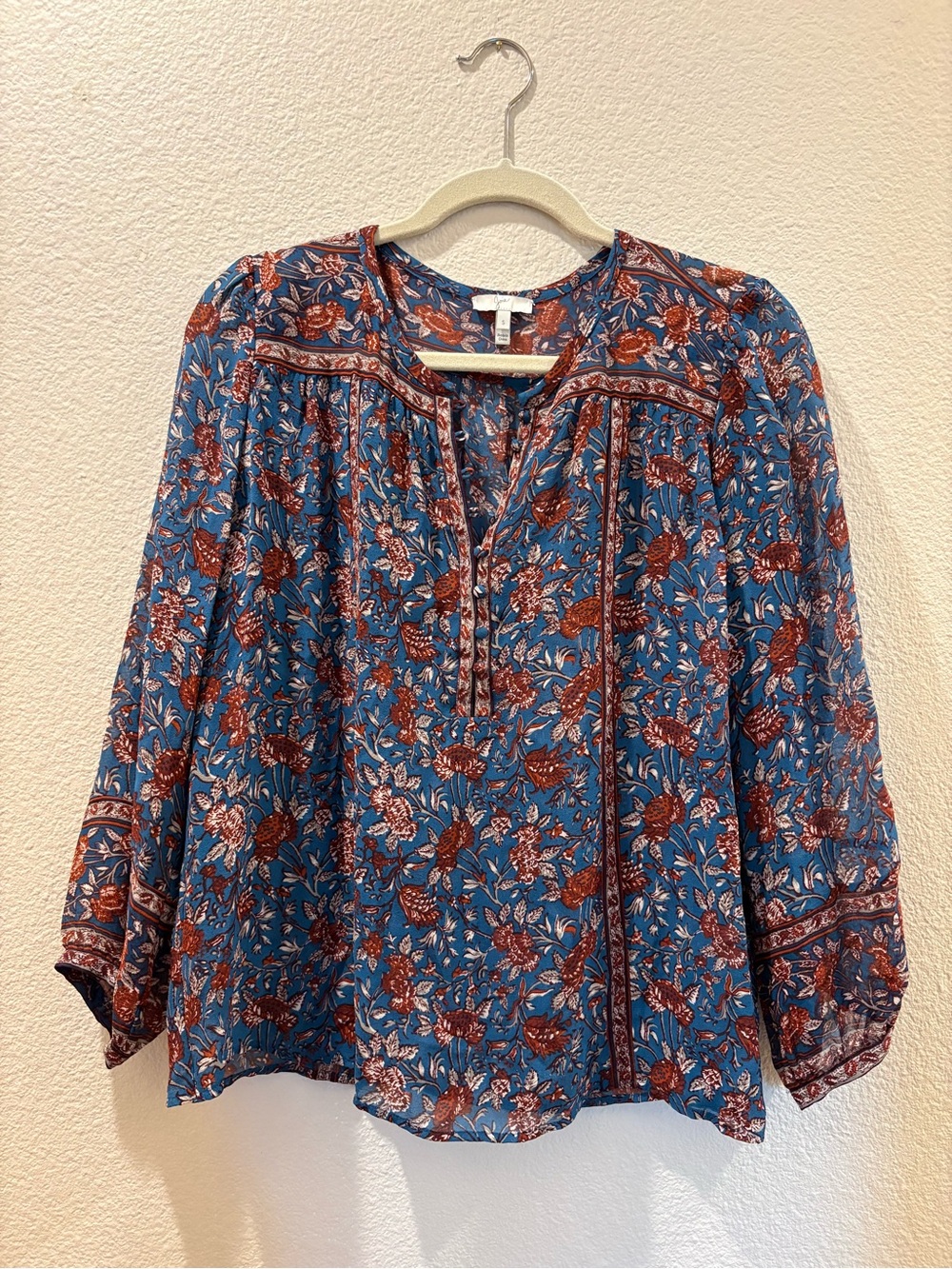 Joie Boho Floral Peasant Top - Blue & Rust, size small